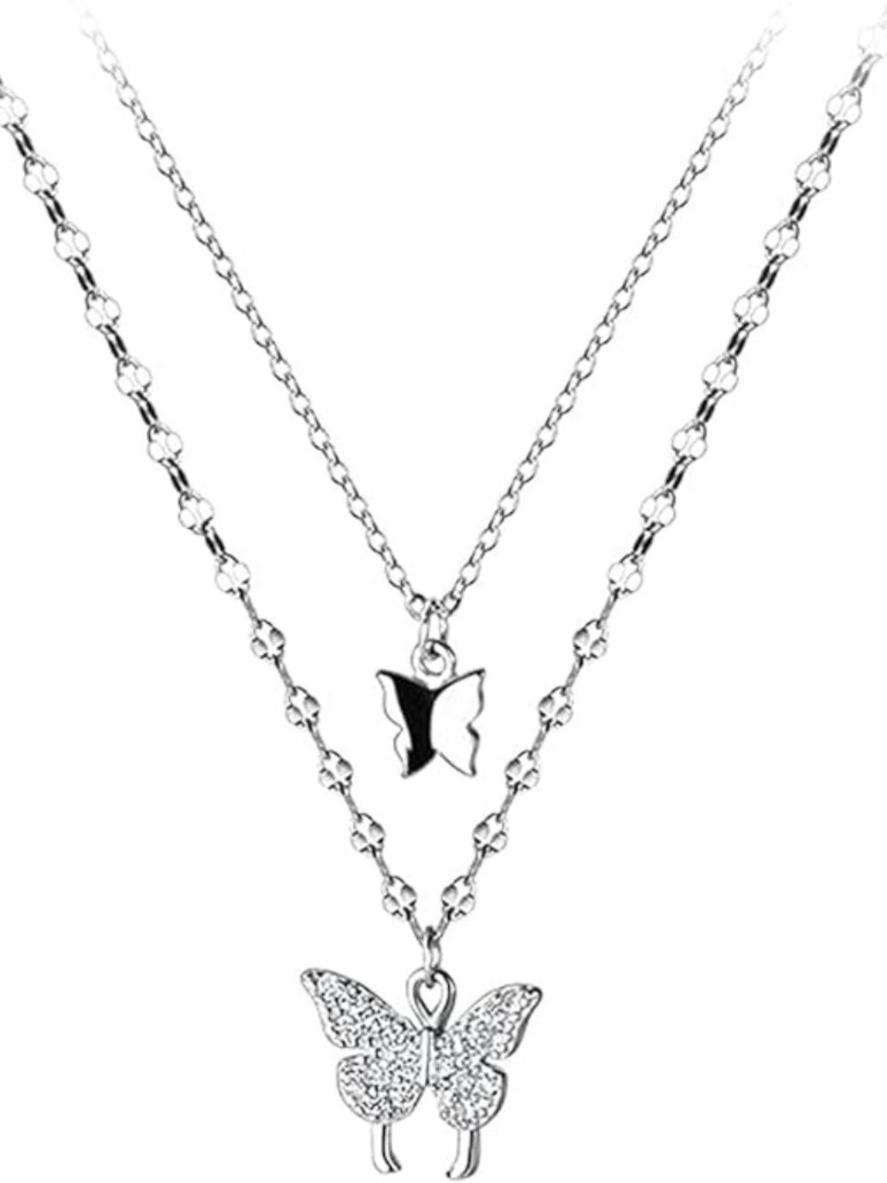 Sterling Silver Butterfly Necklace, Vintage Layered Crystal Necklace